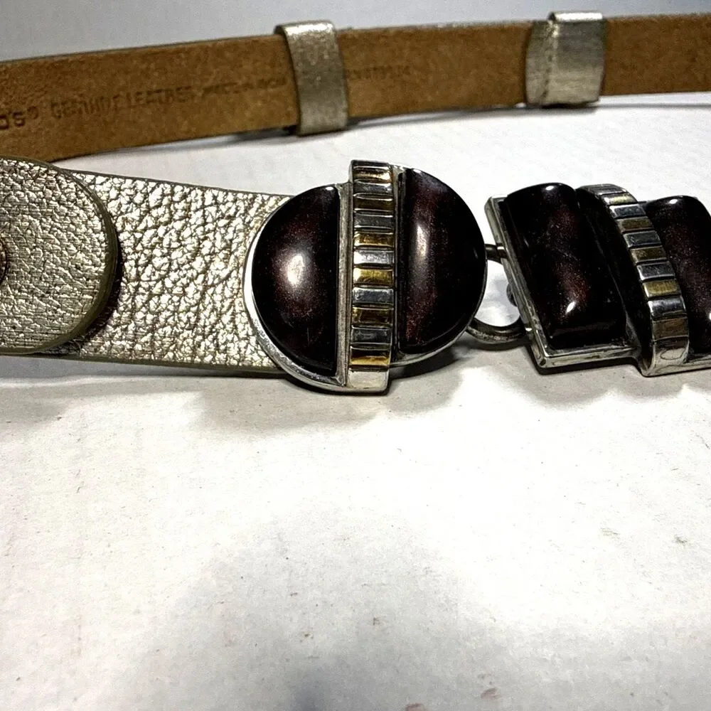 Vintage Chico's Metallic Silver Leather Geometric Cabochons Chain Hip Belt S/M
